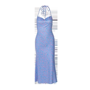 Detail view of the floral sleeveless dress with lace-up back design and blue flower pattern