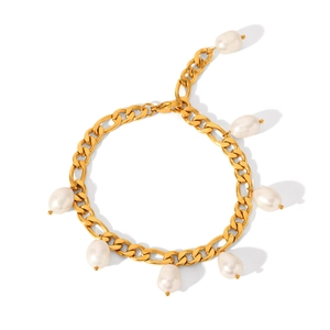 Gold stainless steel figaro anklet featuring seven baroque freshwater pearl tassels