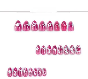Detailed view of 24pcs pink almond press-on nails with silver 3D liquid flame designs