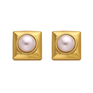 Vintage gold square stud earrings with central pearl on a clean white background