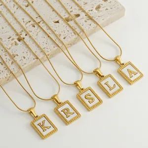 Square Letter Pendant Necklace 18K Gold Plated Stainless Steel With Mother Of Artificial Pearl Inlay Snake Chain For Women Minimalist