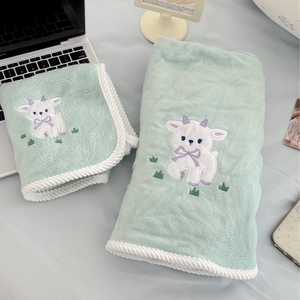 Cute Lamb Embroidered Bath Towel And Hand Towel Soft Absorbent Thick Coral Fleece Mint Green Home Bathroom Essentials