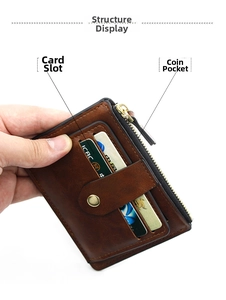 Detail of dark brown leather card holder featuring multi-slots and a zipper coin pocket