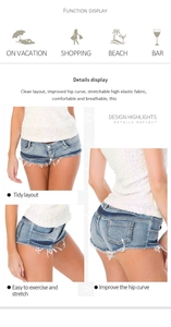 Detailansicht der hellblauen Low-Waist Denim Shorts mit Fransensaum und Stretch-Stoff
