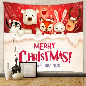 Detail of Christmas tapestry featuring cartoon animals and festive Merry Christmas text