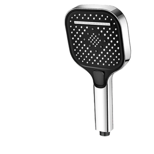 Square high-pressure handheld shower head with chrome frame and black faceplate