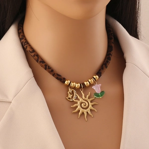 Vintage Leopard Print Cord Necklace For Women With Stainless Steel Sun Moon Flower Pendants Retro Clavicle Chain Jewelry