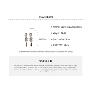 Detailed size chart of luxury resin flower drop earrings with rhinestones and alloy base