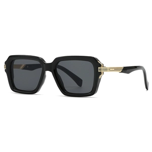 Retro square aviator sunglasses with black frame and gold stripe metal accents