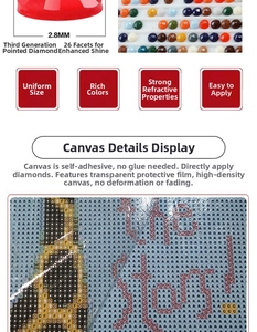 Detailed macro view of 2.8mm 26-facet round drills on self-adhesive canvas for DIY diamond art