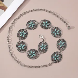 Bohemian retro metal waist chain with turquoise oval pendants and vintage silver finish