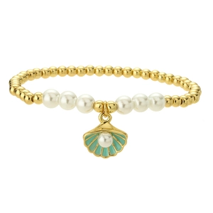 Fashion gold beaded bracelet with white pearls and a turquoise shell pendant charm