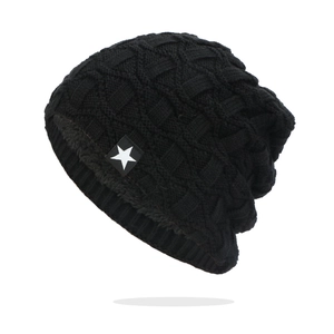 Detail of black winter beanie with star patch and thick fleece lining for warmth