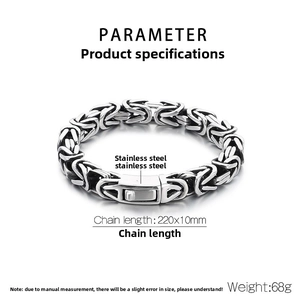 Detail view of a 10mm wide vintage stainless steel Byzantine chain bracelet for men