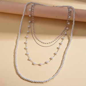 Layered faux pearl and silver chain necklace in a retro baroque long sweater chain style