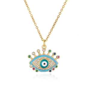 Gold plated Evil Eye pendant necklace with blue enamel and colorful zircon stones