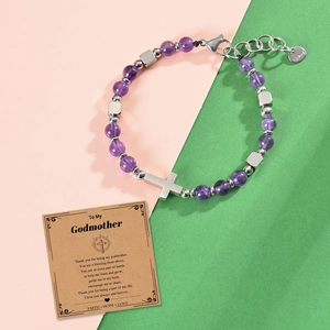 Bracelet en améthyste 6mm avec croix en acier inoxydable et carte cadeau marraine