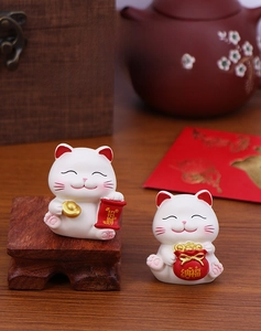 Cute mini lucky cat figurines with gold ingots and scrolls for desktop decoration