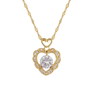 Golden titanium heart pendant necklace with double heart layers and full diamond accents