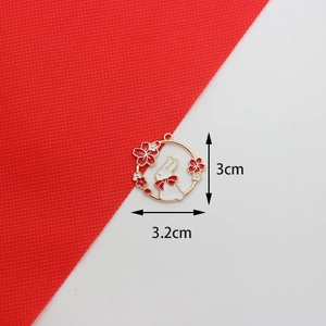 Cartoon rabbit and red flower enamel charm in gold metal frame, 3cm size