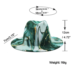 Green and white marble wool fedora hat with gold splatter design and size chart