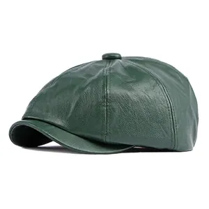 Klassische dunkelgrüne Schirmmütze aus PU-Leder im Vintage-britischen Stil für Damen und Herren