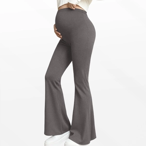 Detail view of high-waisted maternity flare leggings with supportive belly band in marl grey