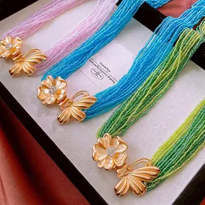 Chaîne De Taille Multicouche En Perles Style Bohème Avec Boucle En Alliage Strass Papillon Et Fleur Pour Femmes
