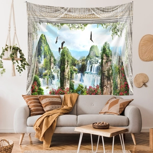 Detail of landscape tapestry featuring waterfall and mountains in a modern living room
