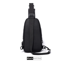 Men's black chest bag back view with breathable mesh and external USB charging port