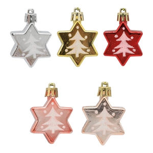 Set of five star-shaped Christmas ornaments with glitter tree patterns in various colors