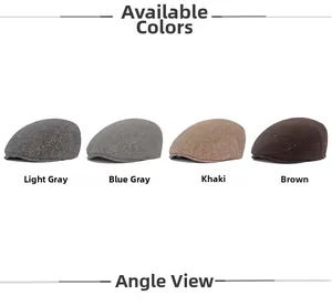Flat lay view showing four colors of wool blend newsboy caps in herringbone patterns