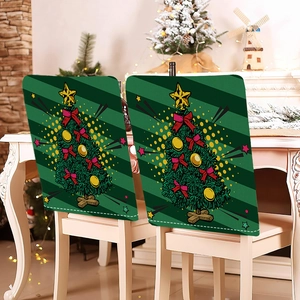 Christmas chair covers featuring green festive trees with stars and bells decor