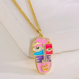 Abstract face pendant necklace in 18K gold plated copper with colorful enamel and zircons