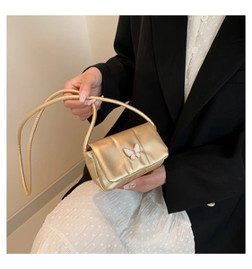 Gros plan détaillé d'un mini sac à rabat or champagne avec un ornement papillon blanc