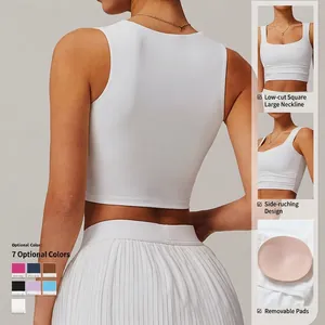 White breathable cropped yoga tank top with square neckline and side ruched detailing