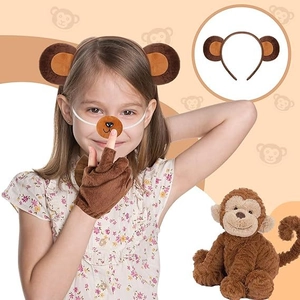 Detail of plush monkey costume set including brown ears headband, soft gloves and nose