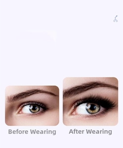 Detail view of dramatic volume false eyelashes showing before and after effect