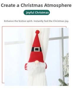 Detail of Christmas gnome curtain tieback with red hat and white beard on window