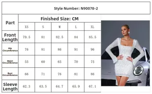 Size guide table for elegant silver sequin bodycon party dress with square neckline