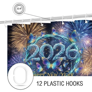 Detail of rust-proof silver grommets and white plastic C-hooks for 2026 New Year shower curtain