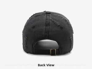 Rear view of vintage washed denim baseball cap featuring distressed holes and metal buckle