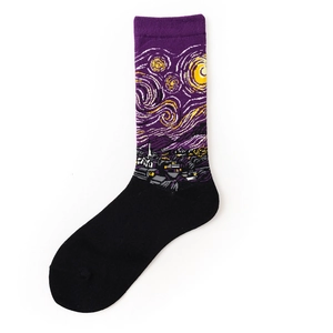 Detailed knit texture of artistic crew socks featuring Van Gogh Starry Night oil painting