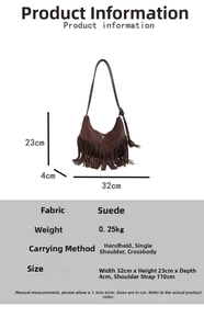 Tableau des tailles d'un sac vintage en daim marron à franges avec bandoulière longue