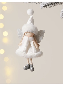 Close-up of white plush Christmas angel doll with silver glitter wings and knit dress