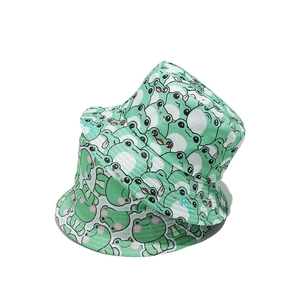 Cute frog pattern bucket hat in mint green and white cotton for summer sun protection