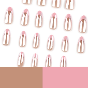 Pink French almond press on nails with high-shine metallic chrome finish tips