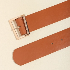 Close-up of brown leather belt featuring a classic polished gold square pin buckle