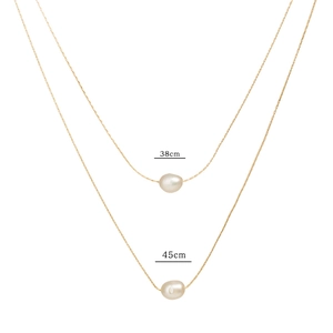 Detail of minimalist natural pearl necklaces showing lengths of 38cm and 45cm on gold chains