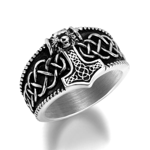 Vintage Viking Thor's Hammer ring with Celtic knot reliefs in retro polished steel